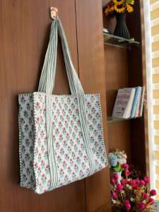 Handmade Bohemian Print Tote Bag for Women Stylish Trendy Zipper Hand Block Printed <b>Machine</b> Quilted Washable for Summer Autumn - Product Image 2