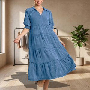 Vestido midi azul con volantes, mangas abullonadas y cuello polo, corte holgado, informal, de lino y algodón tejido para verano. - Product Image 3