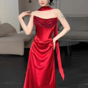 Red Satin Strapless Rhinestone Evening Gown Empire Waistline For Coming Of Age Ceremony - Product Image 2