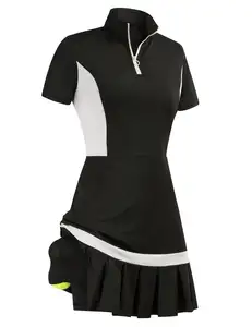 Gaun Golf tenis wanita, Dress Polo atletik lengan pendek dengan celana pendek untuk latihan