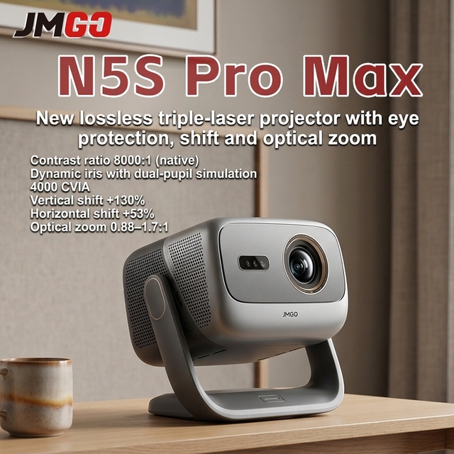 JMGO N5S Pro MAX Laser Projector 4K Ultra HD Tri-color Laser 4000 CVIA Lumens Built-in Stand Home Use for Audio Portable WIFI
