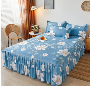 Double Layer Floral Printed 100% Polyester 100TC 30 Count Washable All-Season Bilateral <b>Bed</b> Skirt <b>Set</b> - Product Image 6