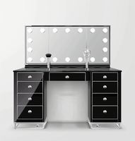 Coiffeuse de chambre moderne en bois massif noir antique avec miroir éclairé réglable et tiroirs – Meuble de maquillage