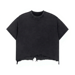 Camiseta Corta Oversize Negra con Bajo Deshilachado y Efecto Desgastado para Hombre, de Manga Corta, Cuello Redondo, Color Liso, Estilo Casual - Product Image 1