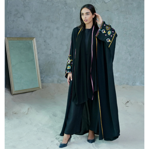 LEDUO Colorful Embroidered Silk Handmade Breathable <b>Black</b> Loose Abaya for Spring Summer Ethnic Daily Wear - Product Image 1