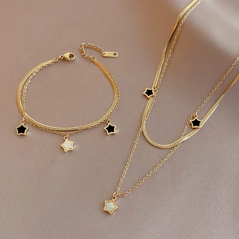 Waterproof Stainless Steel Double Snake Chain Jewelry Set 18K Gold Plated Shell Star Pendant Necklace Bracelet Set For Women