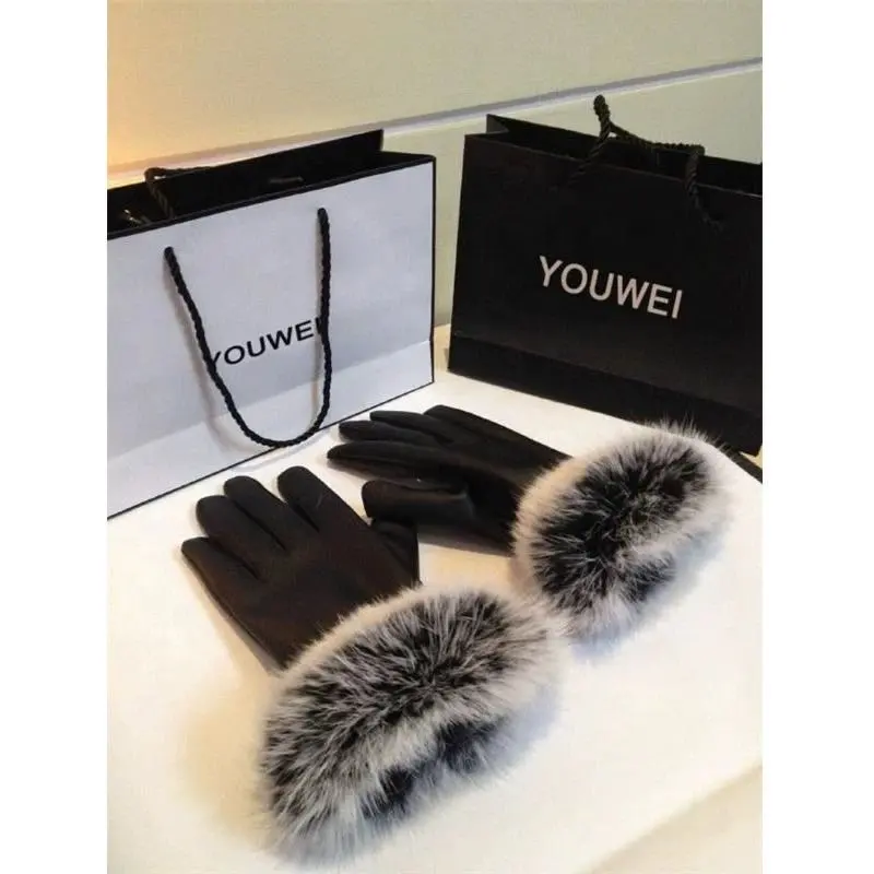 Fashion Winter faux fur gloves pu leather Custom motorcycle touch screen gloves women micro-touch exam hand glove