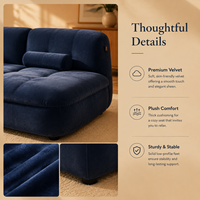 Canapé d'angle moderne bleu marine avec chaise longue, rembourrage en éponge écologique, revêtement en velours pour appartement et hôtel