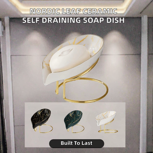Porte-savon moderne en céramique et acier carbone, design feuille nordique, avec surface en acier inoxydable et égouttoir intégré pour salle de bain - Product Image 2