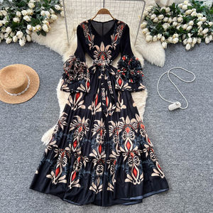 Abiti da Donna Stile Elegante con Stampa Floreale 3D, Maniche Lunghe e Orlo a Volant, Vestito Linea A alla Moda - Product Image 5