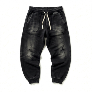 Men Vintage Distressed Washed Midweight Denim Jogger <b>Pants</b> Loose Fit <b>Ripstop</b> Casual Drawstring <b>Cargo</b> Style Mid Waist XL - Product Image 1