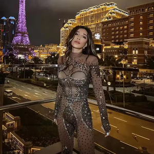 Traje <span class=keywords><strong>de</strong></span> Baile <span class=keywords><strong>de</strong></span> Verano, Ajustado, con Pedrería Brillante, para Club Nocturno, Bar, Red Social, Cuello Rojo, Estilo Celebridad, <span class=keywords><strong>Mono</strong></span> para Escenario - Product Image 1