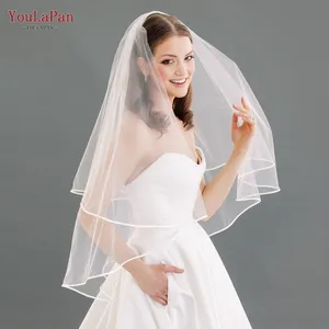 YouLaPan V97 Simple Ribbon Edge Double Layer Bridal Veil Multi Size White Ivory Ribbon Blusher Women Wedding Veil
