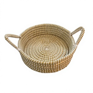 Panier en jonc de mer tressé à la main avec poignées, panier de rangement naturel tissé, plateau organisateur rustique pour la décoration intérieure - Product Image 4