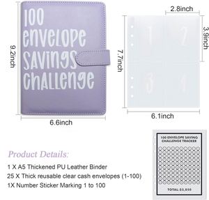 Libro de Desafío de Ahorro de 100 Sobres, Carpeta de Presupuesto de Cuero PU con Espiral A5, Cuaderno Planificador para Ahorrar Dinero - Product Image 4