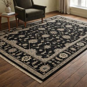 Tapis Oushak traditionnel noir élégant noué à la main en pure laine pour salon, chambre et intérieurs design, avec une finition artisanale intemporelle - Product Image 1