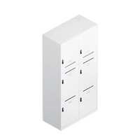 Armoire de classement modulaire blanche basse pour bureau avec portes verrouillables et compartiments de rangement ouverts pour espace de travail commercial