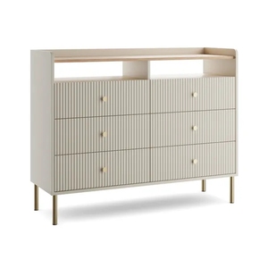 Commode à 6 tiroirs en bois à rainures modernes pour salon, <span class=keywords><strong>buffet</strong></span> de rangement <span class=keywords><strong>blanc</strong></span> avec étagère ouverte - Product Image 1