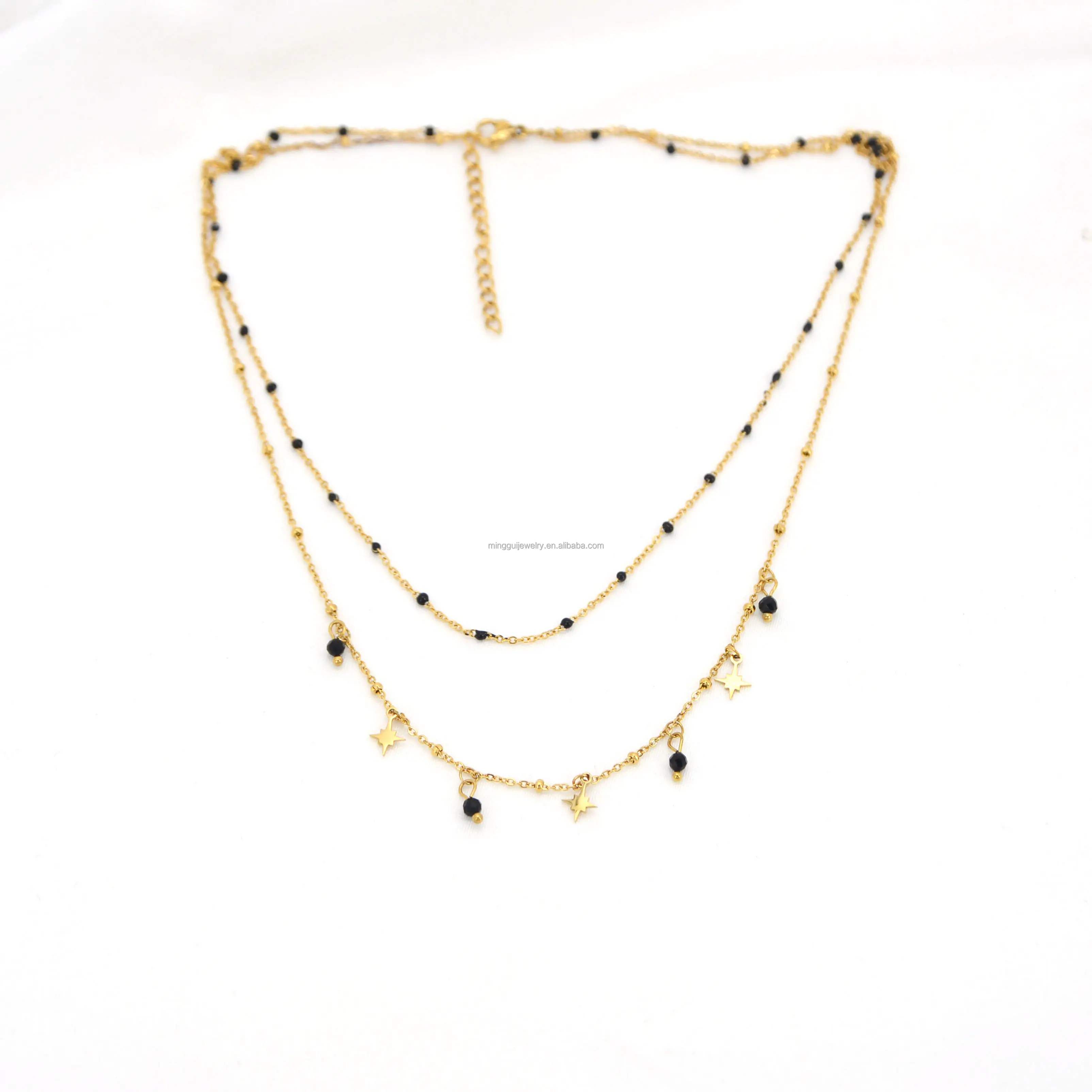Collier en Acier Inoxydable, Collier avec petites étoiles et perles en Acier, plaqué or 14 K, bijoux en Acier Inoxydable, à poignée