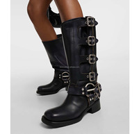 Bottes hautes de motard noires en cuir véritable de qualité supérieure pour femme, style harnais d'ingénieur, multi-boucles, pour moto