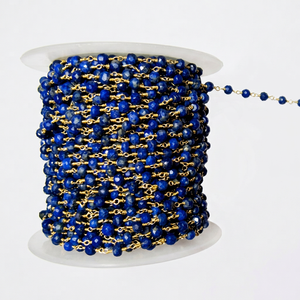 Lapis Lazuli Rondelle Faceted 3 to 4mm Beaded Wire Wrap <b>Rosary</b> Chain Jewelry Making Linked Aati Chain - Product Image 1
