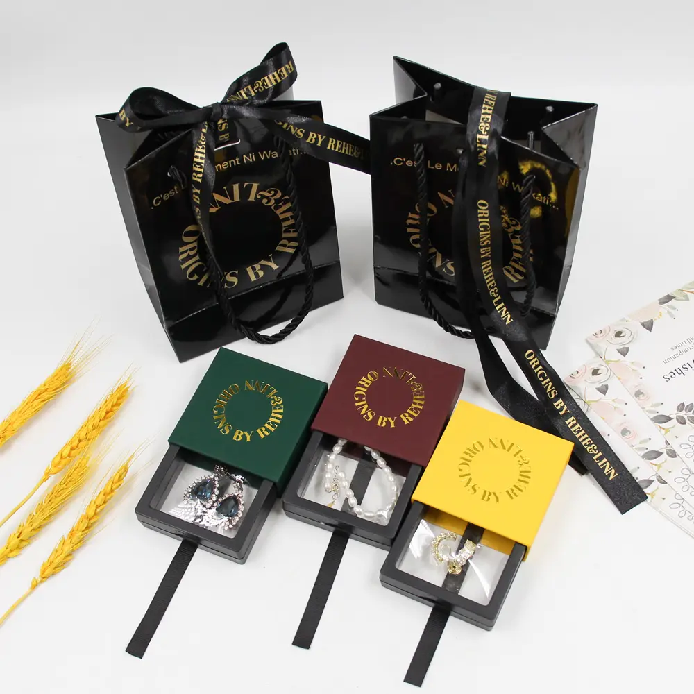 Saco de joias com logotipo personalizado, caixa de papelão com gaveta e saco luxuoso com estampado de ouro