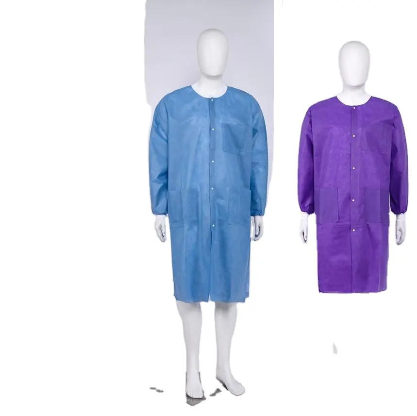 เสื้อโค้ทสำหรับแขกในห้องปฏิบัติการโรงพยาบาลเสื้อโค้ทผ้า SMS PP แบบใช้แล้วทิ้ง