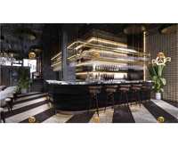 Design d'intérieur haut de gamme pour restaurant : comptoir de bar sur mesure, table en bois massif et ensemble de chaises en rotin pour café, banquette confortable.