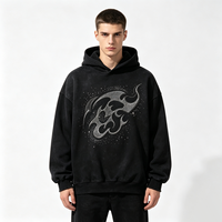 Sweat à capuche vintage délavé doublé sherpa avec motif flamme en strass thermocollés, coupe ample et carrée, style streetwear