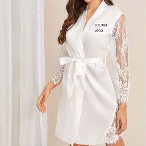 Bata de dormir de seda con logo personalizado, encaje floral, mangas largas, para novia, ropa de dormir para mujer, pijama de seda - Product Image 2