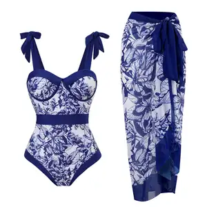 Neue Designs Retro einteilige Badeanzug Print Body Bade bekleidung mit Chiffon Kleid vertuschen Strand zweiteilig Set