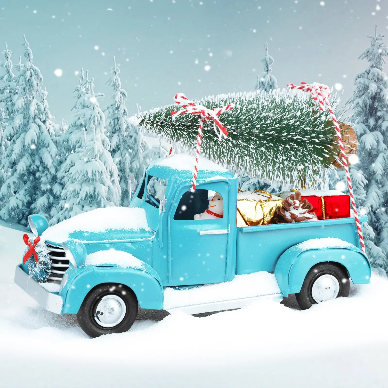 Ourwarm क्रिसमस पार्टी सजावट की आपूर्ति राल धातु शिल्प रेट्रो विंटेज कार ब्लू पुराने ट्रक क्रिसमस पेड़ आभूषण
