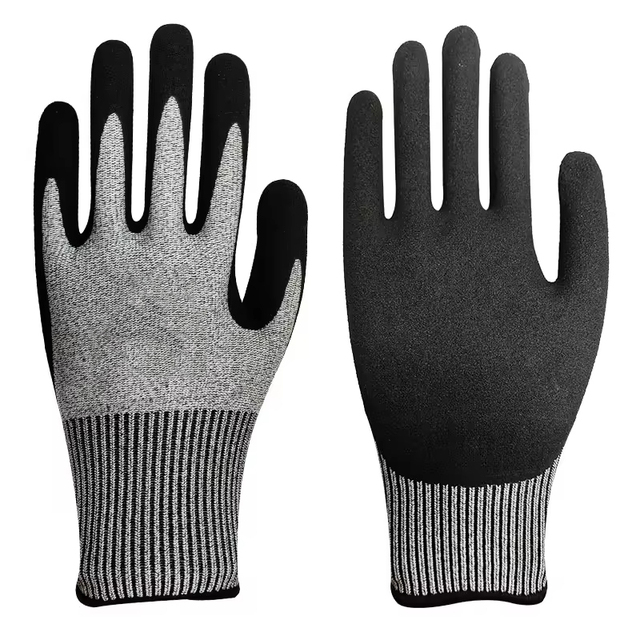 ANSI Cut Level A8 Sandy Nitrile Palm Coating Durable & Comfortable Flexible Customizable Steel Wire Cut Proof Glove