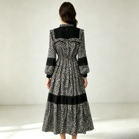 Robe midi pour femme à imprimé léopard, col rond, manches longues bouffantes, patchwork noir, taille en dentelle, ourlet étagé, décontractée, printemps automne