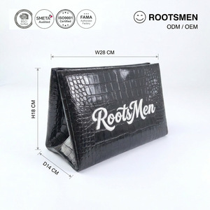 Rootsman Custom Black Premium Ins-Style PU Leather <b>Makeup</b> Bag Open Closure Lightweight Travel Cosmetic Pouch Women Large Logo - Product Image 1