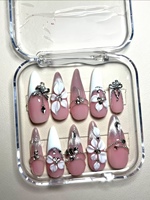 Faux ongles longs stiletto faits main à presser, nude blanc, avec décoration anneau métallique perforant style French, couvrance totale, en gel souple, 10 pièces