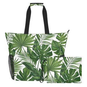 Wholesale Custom Printed Tropical Leaf Beach <b>Tote</b> <b>Bag</b> for Women Large Shoulder <b>Bag</b> <b>with</b> Matching Pouch for Summer Vacation - Product Image 2