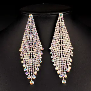 Silver Plated Long Crystal Drop Earrings Diamante Bridal Rhinestone Dangle Wedding Earrings