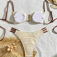 Ensemble bikini sexy à découpes, col en V, soutien-gorge triangle, avec anneau métallique en U, couleur unie, deux pièces respirantes pour femme