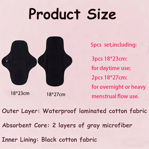 5PCs Black Hypoallergenic Pure Cotton <strong>Washable</strong> Cloth Menstrual Pads Set Super Absorbent Leak-proof for Day and Night <strong>Protection</strong> - Product Image 2