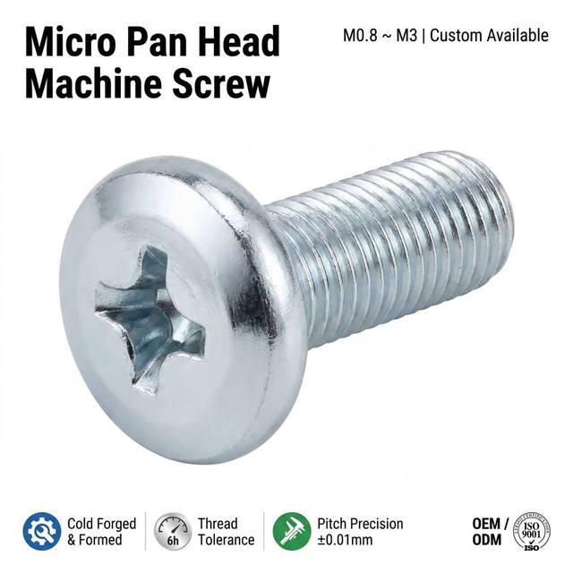 High Precision Micro Pan Head Machine Screw M0.8 M1.0 M1.2 M1.6 M2 M2.5 M3 Cold Forged Phillips Small Bolts ISO 9001 Factory
