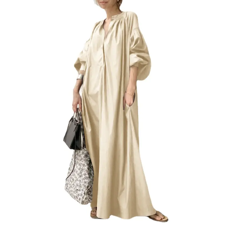 नई सूती और लिनेन जापानी शैली की सरल और ढीली कैज़ुअल लंबी पोशाक। लंबी बड़े आकार की पोशाक