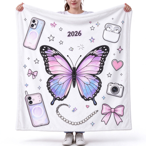 Coperta in <span class=keywords><strong>pile</strong></span> personalizzata Y2K retrò con farfalle e doodle, all'ingrosso, con stampa di fiocchi e fotocamere, morbida, per ragazze - Product Image 1