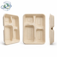 Plateau alimentaire compostable en bagasse à 4 compartiments, compatible micro-ondes, jetable, pour cantine scolaire (vente en gros)