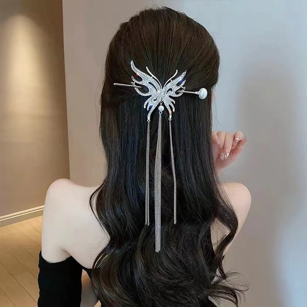 Butterfly Pearl Hair Stick Women Head Ornament Accessories Low Ponytail Rhinestone Long Tassel Hairpins