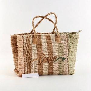 Sac fourre-tout tissé rayé personnalisé, sac fourre-tout en tricot style bohème, sac à main en tricot multicolore aux tons terreux, sac fourre-tout tissé avec broderie « Love » - Product Image 1