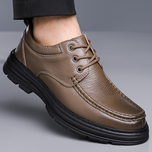 Mocassins en cuir véritable pour hommes, bout rond, à enfiler, semelle extérieure en caoutchouc antidérapante, doublure en fausse fourrure chaude pour l'hiver, chaussures décontractées confortables - Product Image 4