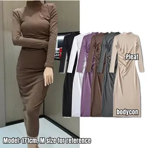 Luluxixiyaya AU Spring Core Long Sleeve Turtleneck Maxi Long Pleated Body Slim asy Walk Casual Dresses Women Lady Elegant