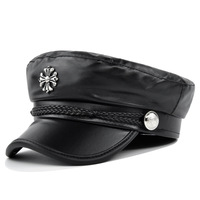 Chapeau de capitaine tendance pour femme en cuir PU avec croix métallique, style rétro décontracté, béret noir d'extérieur, casquette de cadet