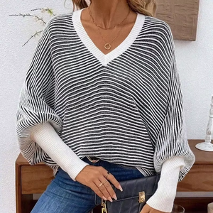 Women's Fall/Winter New Arrival Loose-Fit Knit Striped V-Neck Batwing Sleeve Patchwork <b>Pullover</b> <b>Sweater</b> Fashion - Product Image 1